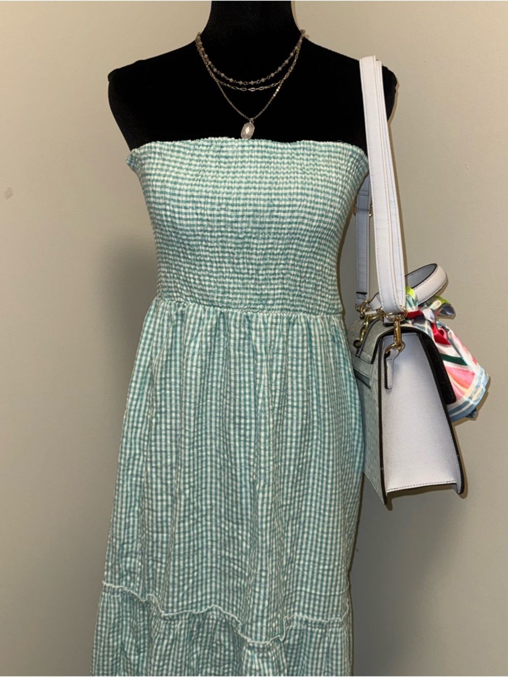 Sim & Sam Mint Gingham Strapless Smocked Sundress